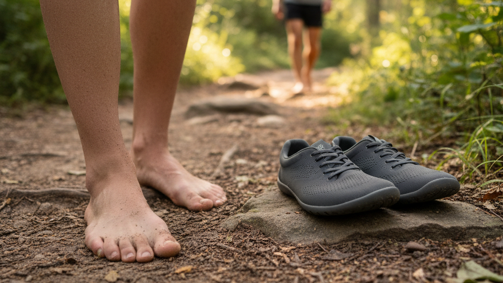 Obraz przedstawia osobę stojącą boso na leśnej ścieżce, z parą minimalistycznych butów (typu "barefoot") leżących obok na kamieniu